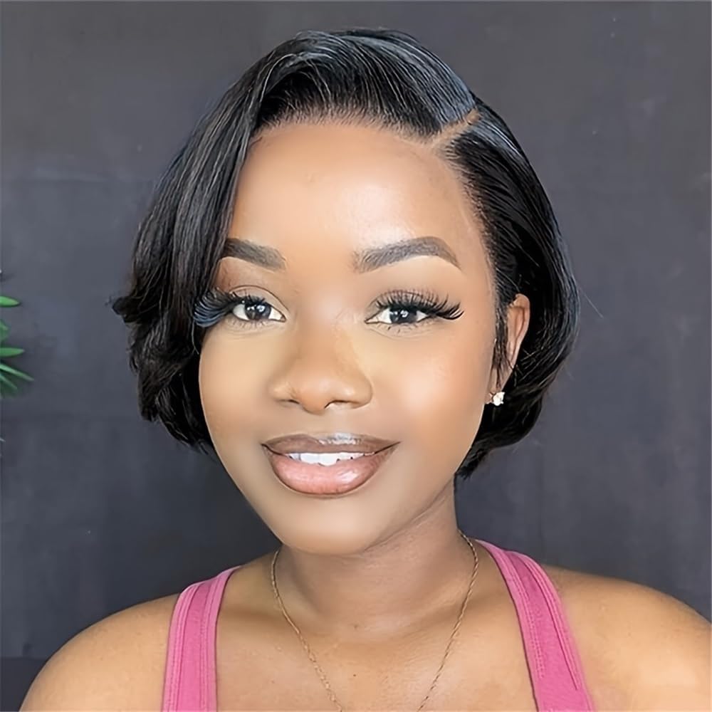 Veltronix Breathable Lightweight Glueless Short Bob Real Human Hair Lace Front Wig Frontal Pixie Style Natural Black Look for Daily Use