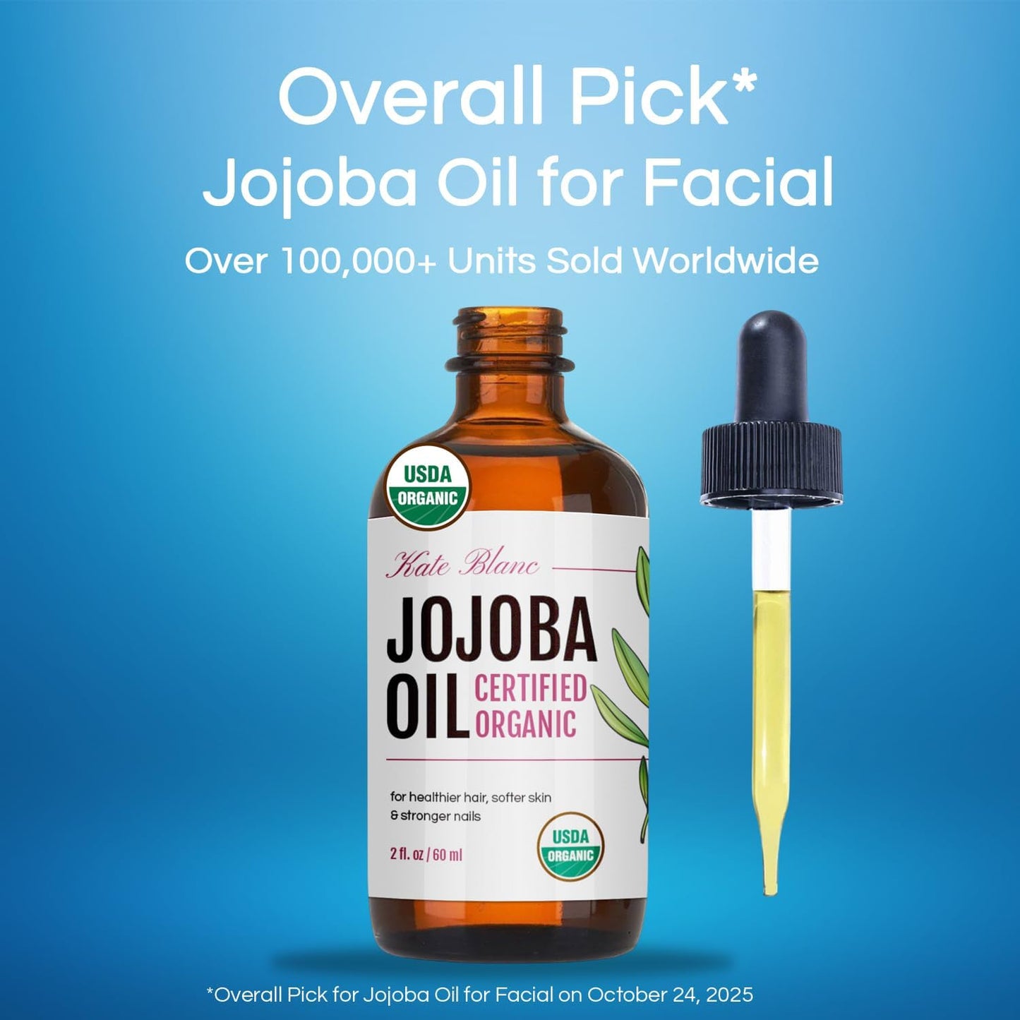 Kate Blanc Cosmetics Organic Jojoba Oil - 100% Pure Cold Pressed Moisturizer for Hair, Skin & Nails | 4oz Glass Bottle