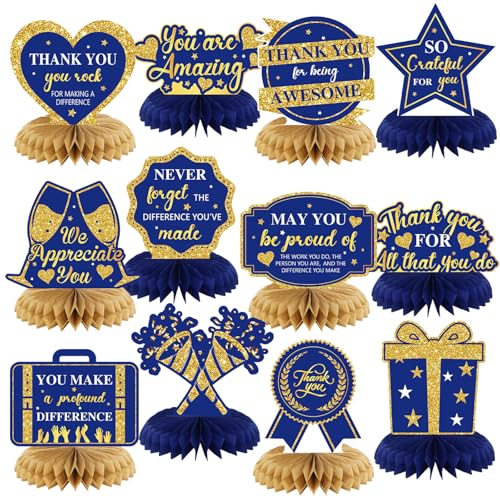 12 Pcs Thank You Honeycomb Centerpieces - Blue & Gold Table Decorations