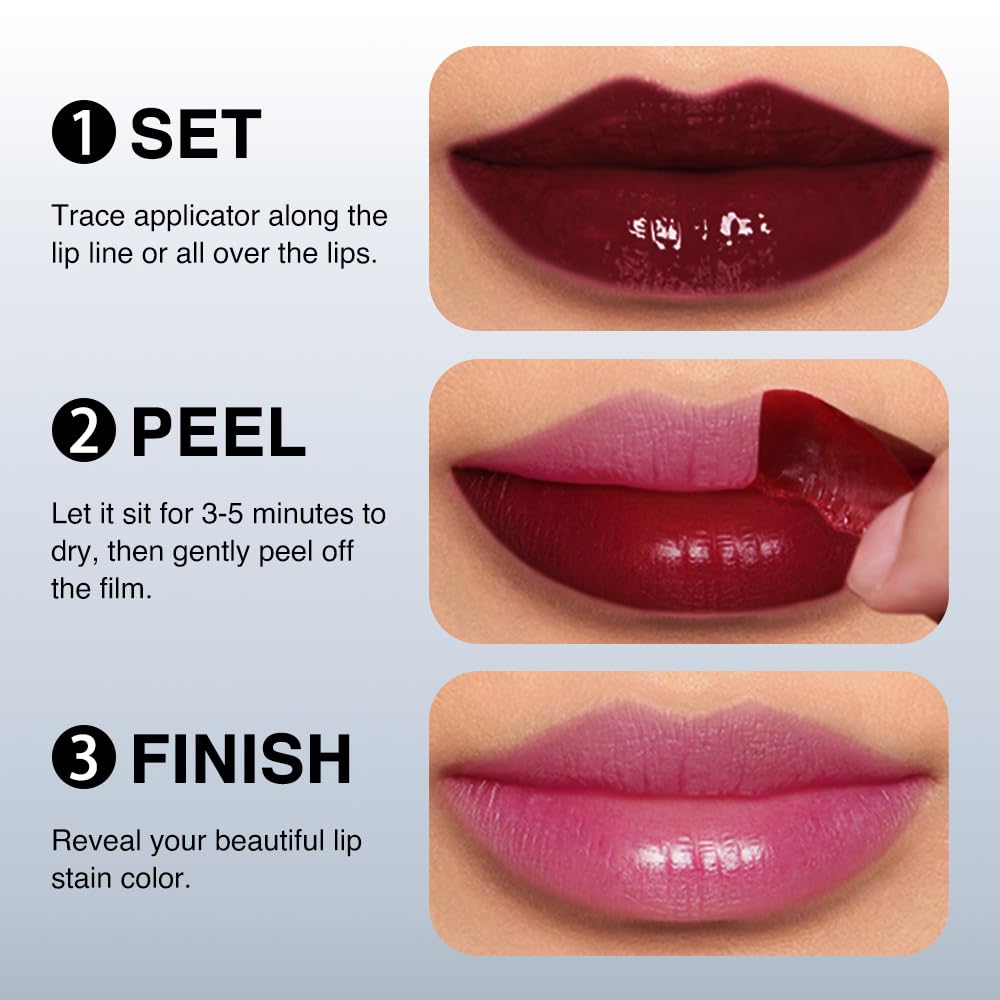 Peel Off Matte Liquid Lip Gloss Stain-Lip Liner, Purplish-Red Tattoo Peel Off Lip Stain, Long Lasting & Waterproof Lipstick Tattoo, Transfer-Proof Lip Gloss for All Skin Types, 02#Purplish-Red