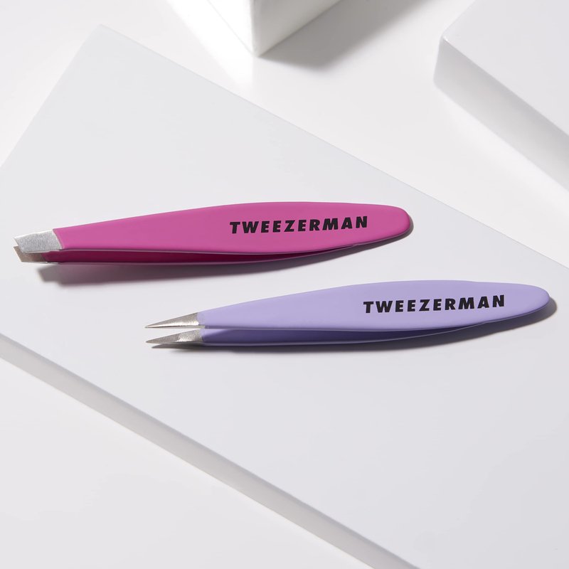 Tweezerman Mini Slant and Point Tip Tweezer - Tweezers Set for Eyebrows, Travel Tweezers for Eyebrows, Facial Hair
