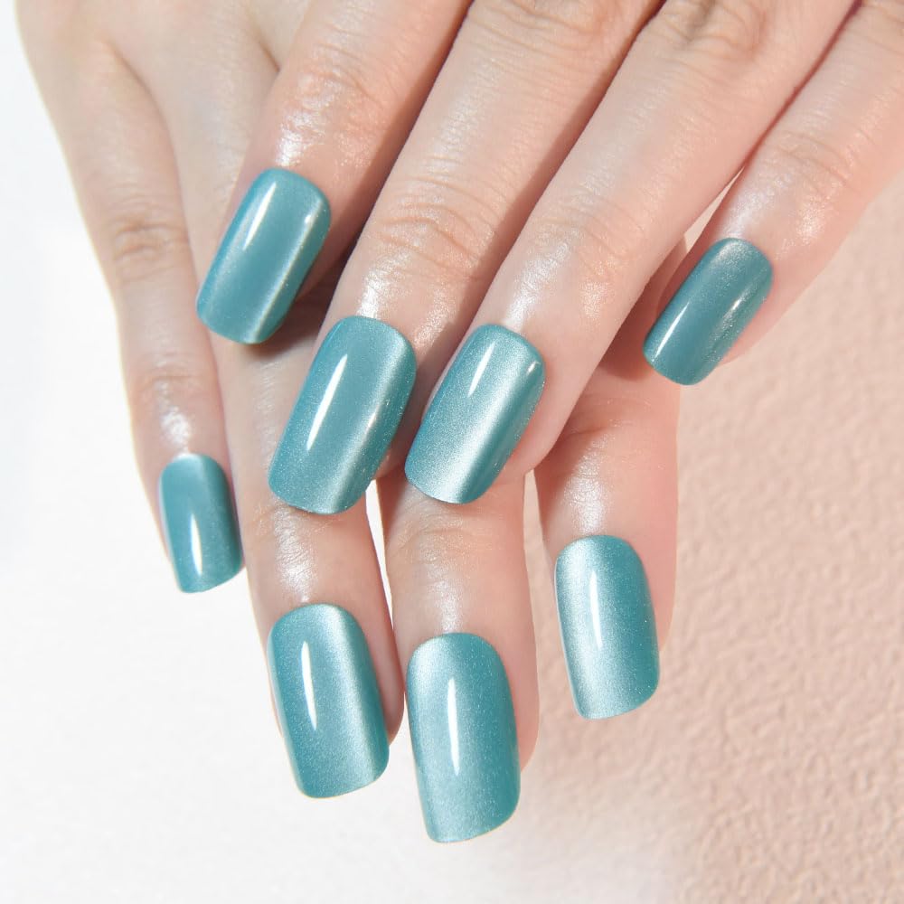 Aqua Blue Cat Eye Press-On Nails - Medium Square Chrome Design | Holographic Glitter Gel Acrylic Reusable