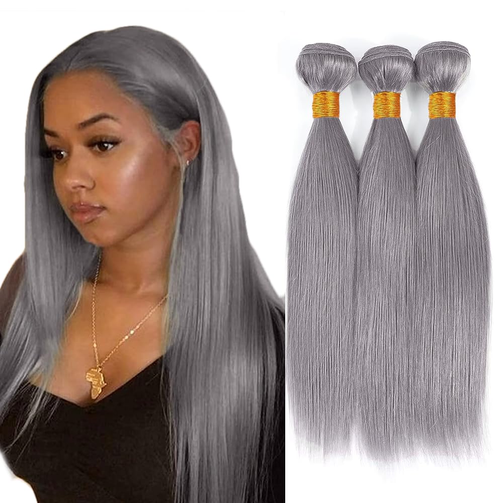26 28 30 Inch Gray Bundles Straight 3 Bundles Human Hair Brazilian Remy Hair 50 Grams/Bundle 10A Grade Unprocessed Virgin Hairs Silver Grey Color Straight Bundle Weaves Extensions