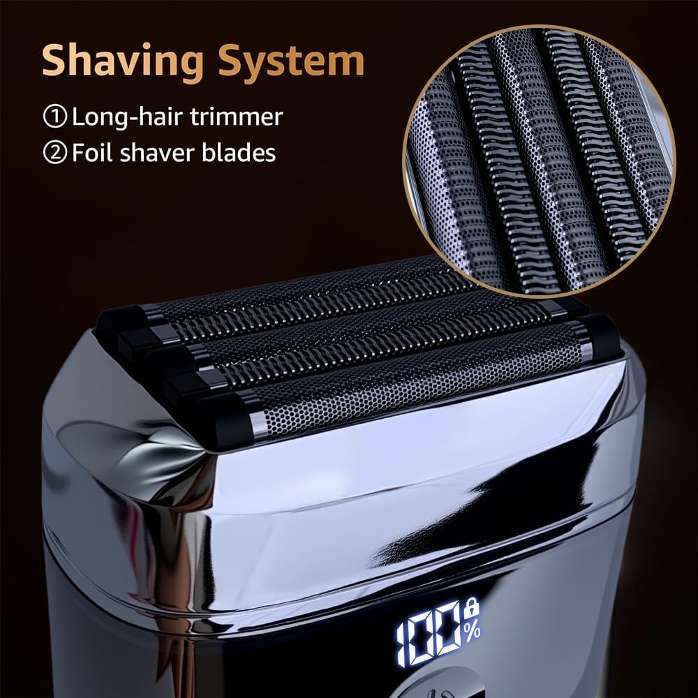 Electric Foil Shavers for Men - 5 Floating Blades Mini Electric Razor for Beard, Big LED Display, 2 Gears Adjustable Face Razor IPX7 Waterproof for Travel & Home, USB-C Wet Dry Cordless Mens Shaver
