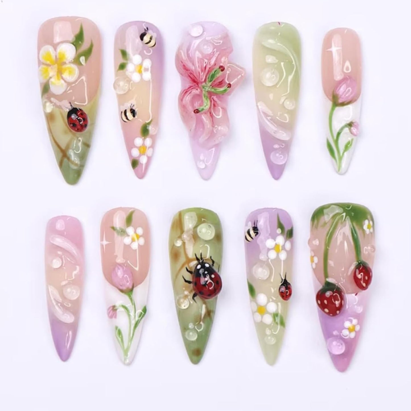 Handmade Press-On Nails - 30 Pcs Medium Almond Shape 3D Flower Design | Reusable Acrylic in Nude & White