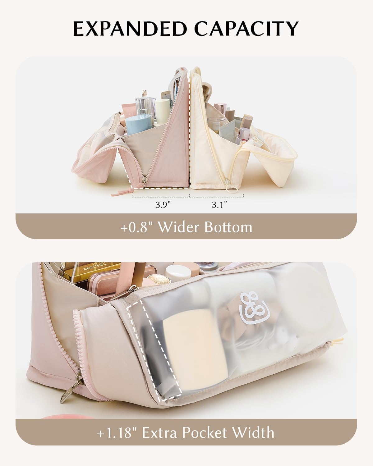 Large Waterproof Makeup Bag - Standing Cosmetic Organizer with Phone Holder & Detachable Dividers | Wipe-Clean Brush Pouch for Women