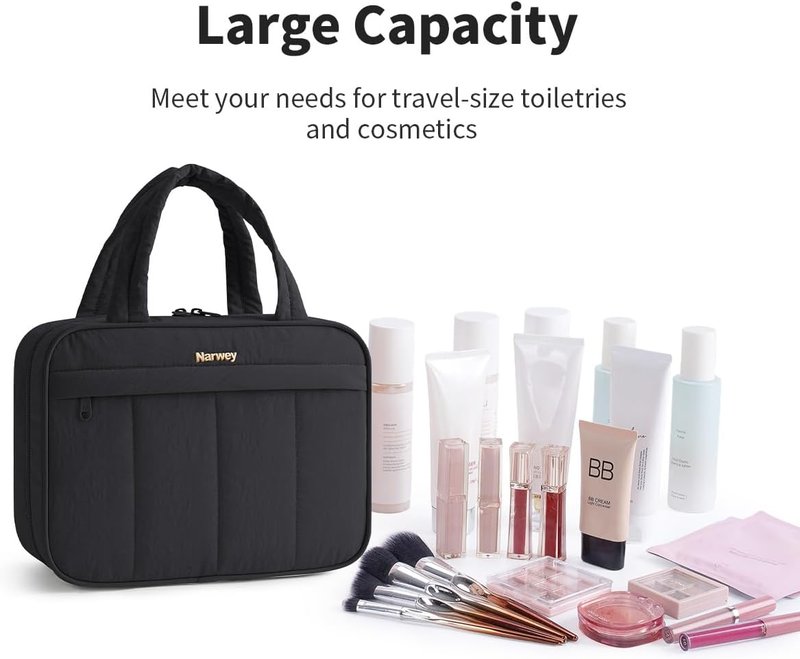 Hanging Travel Toiletry Bag for Women - Quilted Makeup Organizer | Portable Black Bathroom Bag for Essentials & Cosmetics