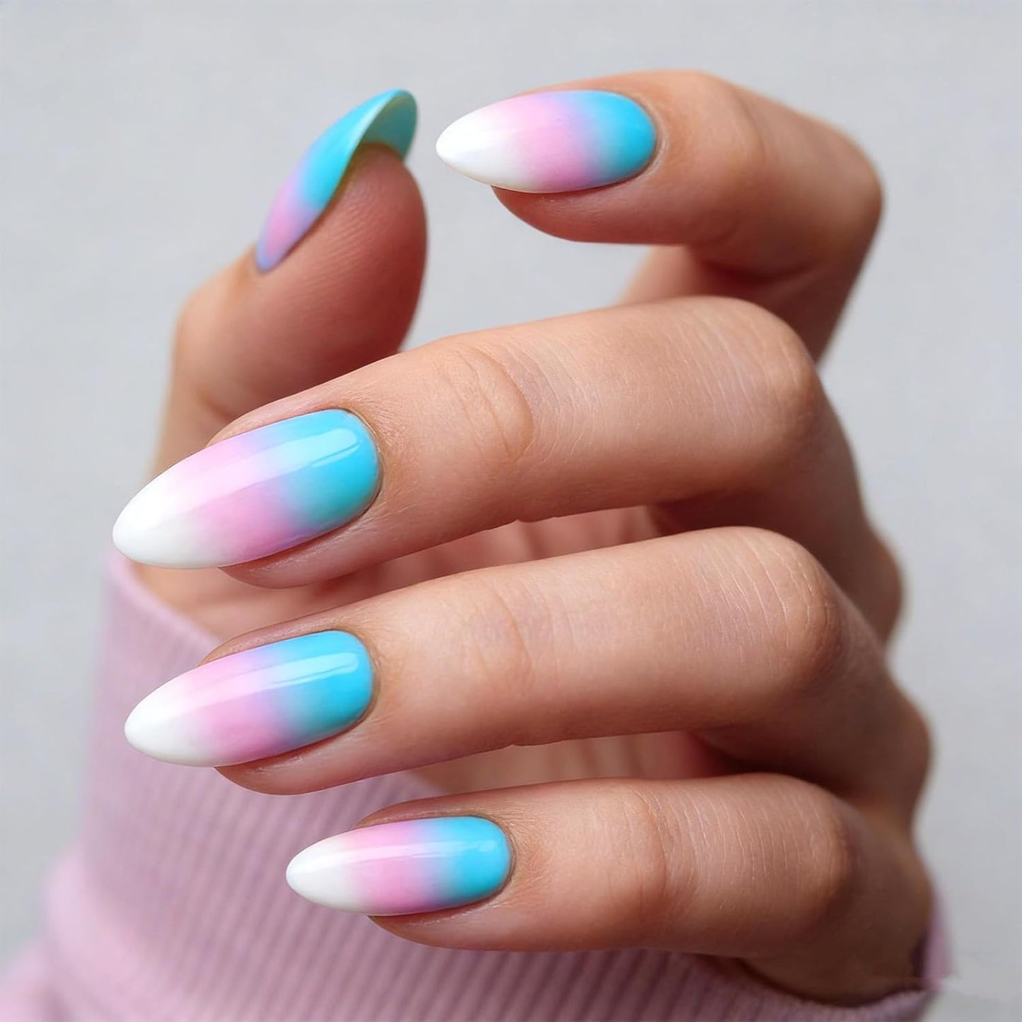 Colorful Gradient Press-On Nails - Medium Almond Summer Sunset | Reusable Glossy Full Cover 24 Pcs with Adhesive Stickers