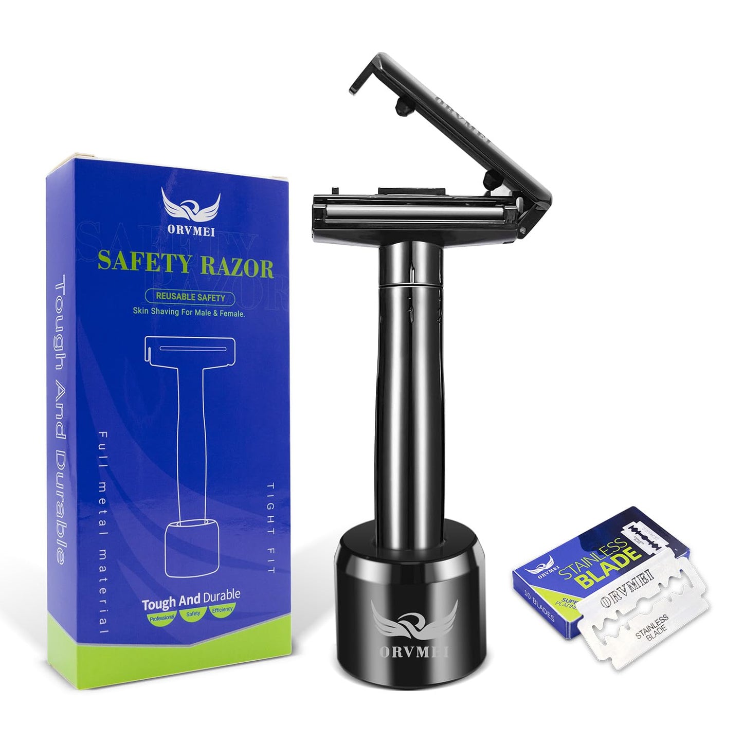 ORVMEI Shaving Razor - Steel Black Double Edge Safety Razor with 10 Spare Blades - 6 Speed Adjustable and 30° Angle Precision with Superior Blade Rigidity for Men and Women (Black)