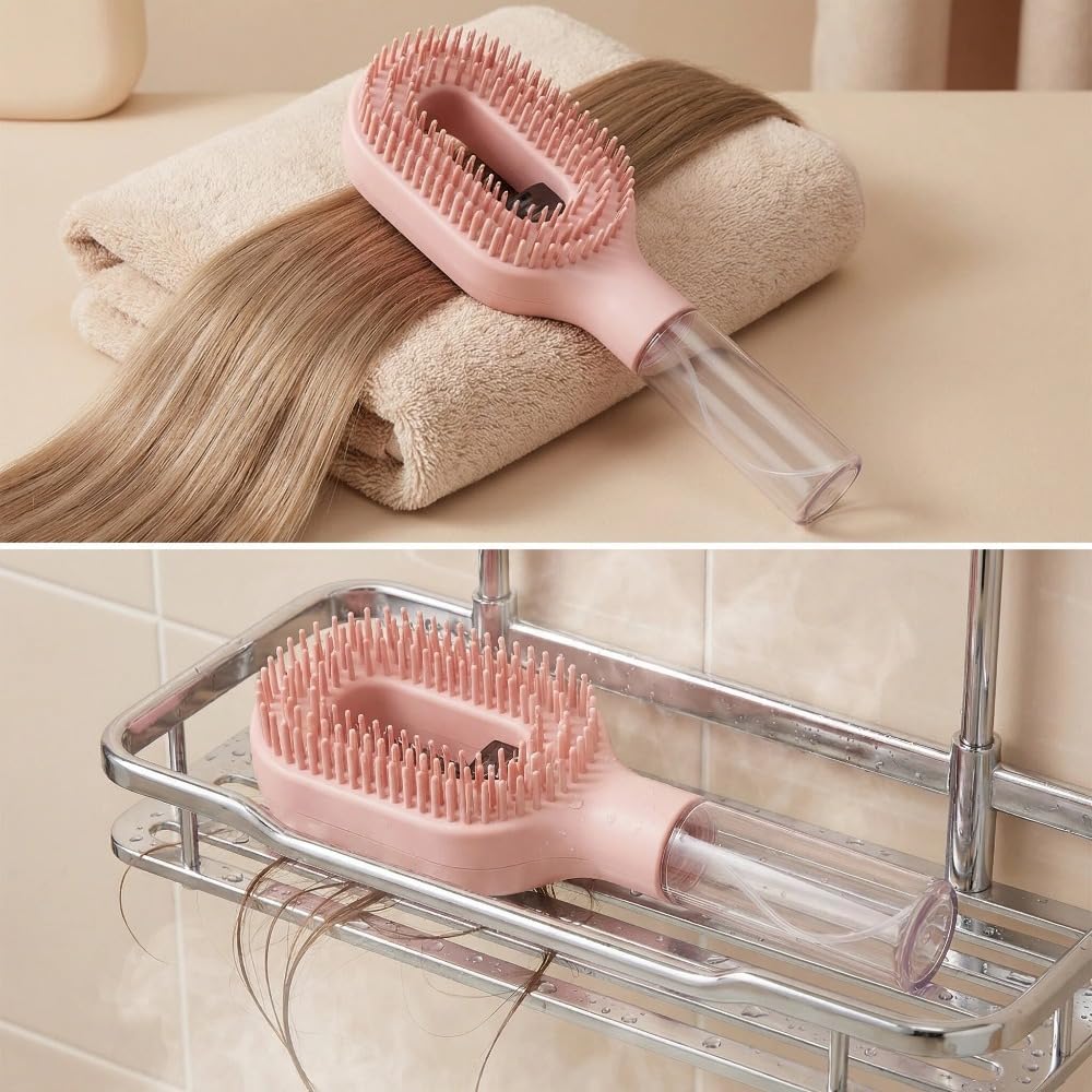 2-in-1 Detangling Brush with Built-In Mist & Wet & Dry, Liquid Spraying Hair Brush | spray brush for hair, Frizz-Free Hair - Quick Refresh for Women & Girls On-The-Go (Pink)