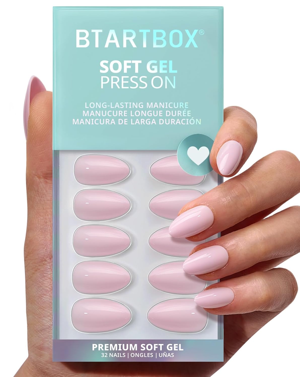 Press On Nails - Easy-to-Apply Light Pink Almond Design | 32 Nails in 16 Sizes with Glue & Adhesive Tabs