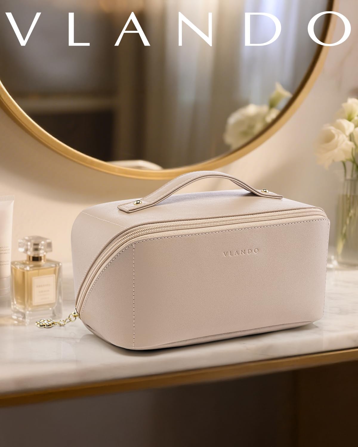 VLANDO Makeup Bag - Travel Toiletry & Cosmetic Bag for Women | PU Leather, Portable Design - Toffee