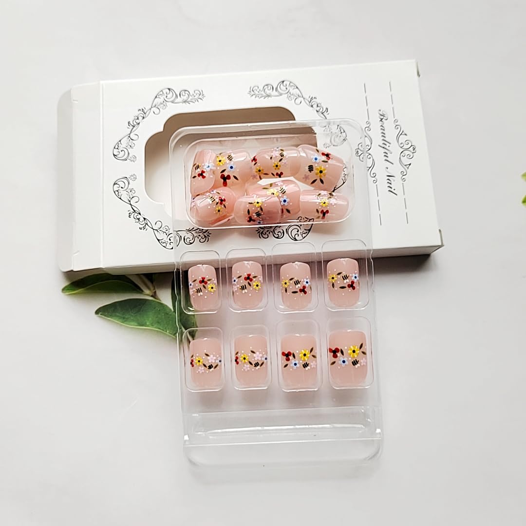 Spring Flowers Press on Nails Short Square Fake Nails with Colorful Flower | Bee Designs Acrylic False Nails Glossy Nude Glue on Nail Reusable Press ons Stick on Nails for Women Manicure 24Pcs