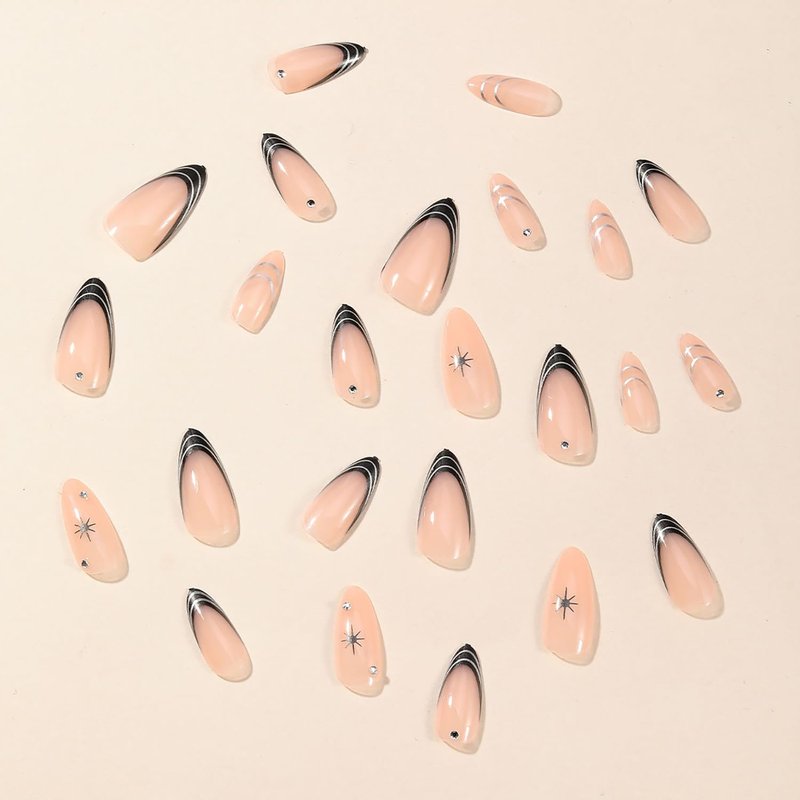 French Tip Press-On Nails - 24Pcs Medium Almond Silver Design | Glossy Full Cover Acrylic with Diamond Accents