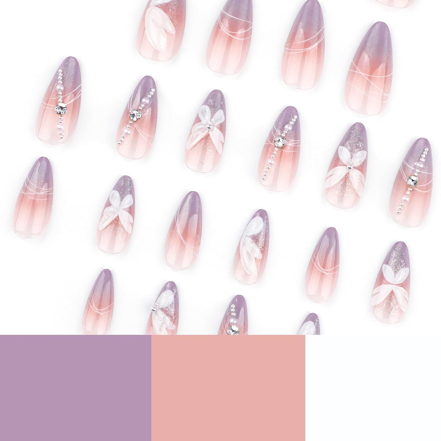 Almond Press-On Nails - Ombre Purple Floral Butterfly Design | 24 Full Cover Rhinestone False Nails for Women