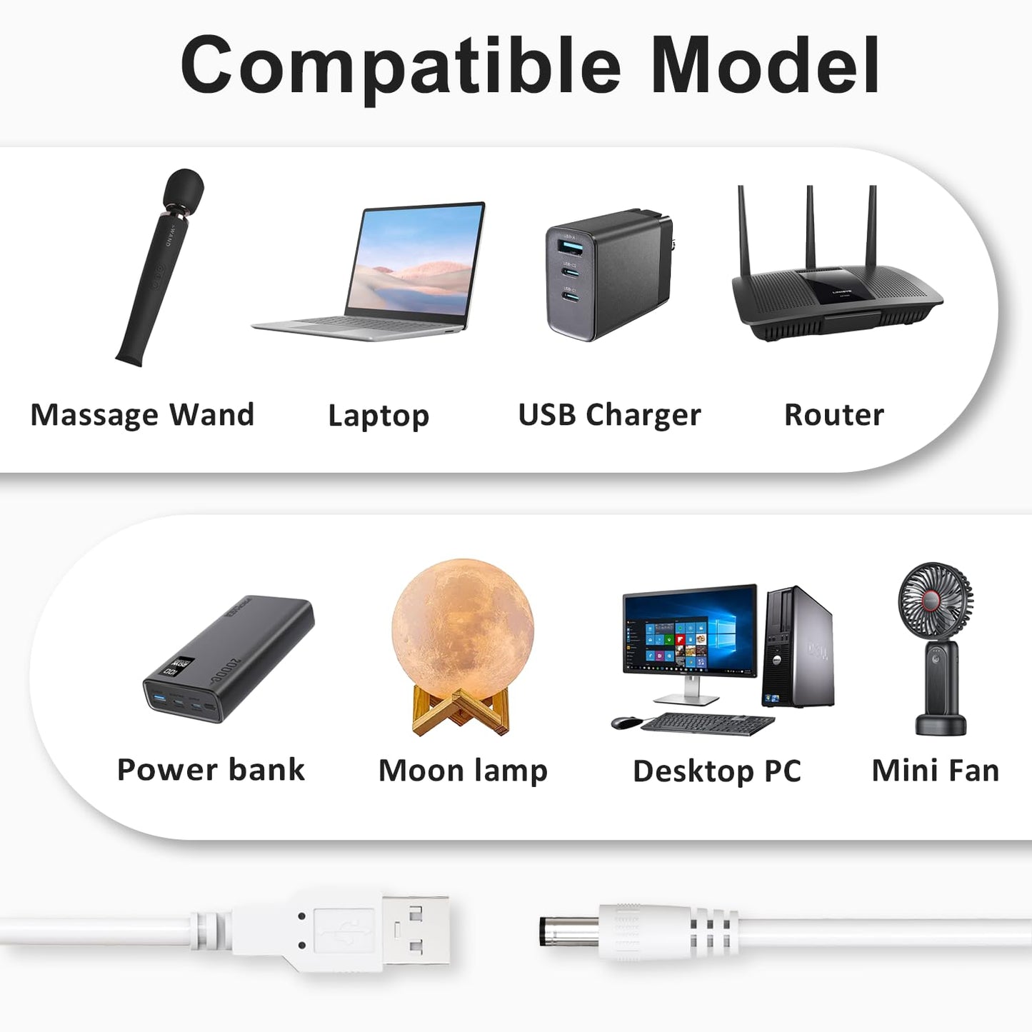 Cordro USB to DC 5V Power Cord, Universal DC Plug Jack Charging Cable with 9 Adapters for Moon Lamp, Massage Wand, Router, LED Light, Mini Fan, Speaker and More Devices (White)