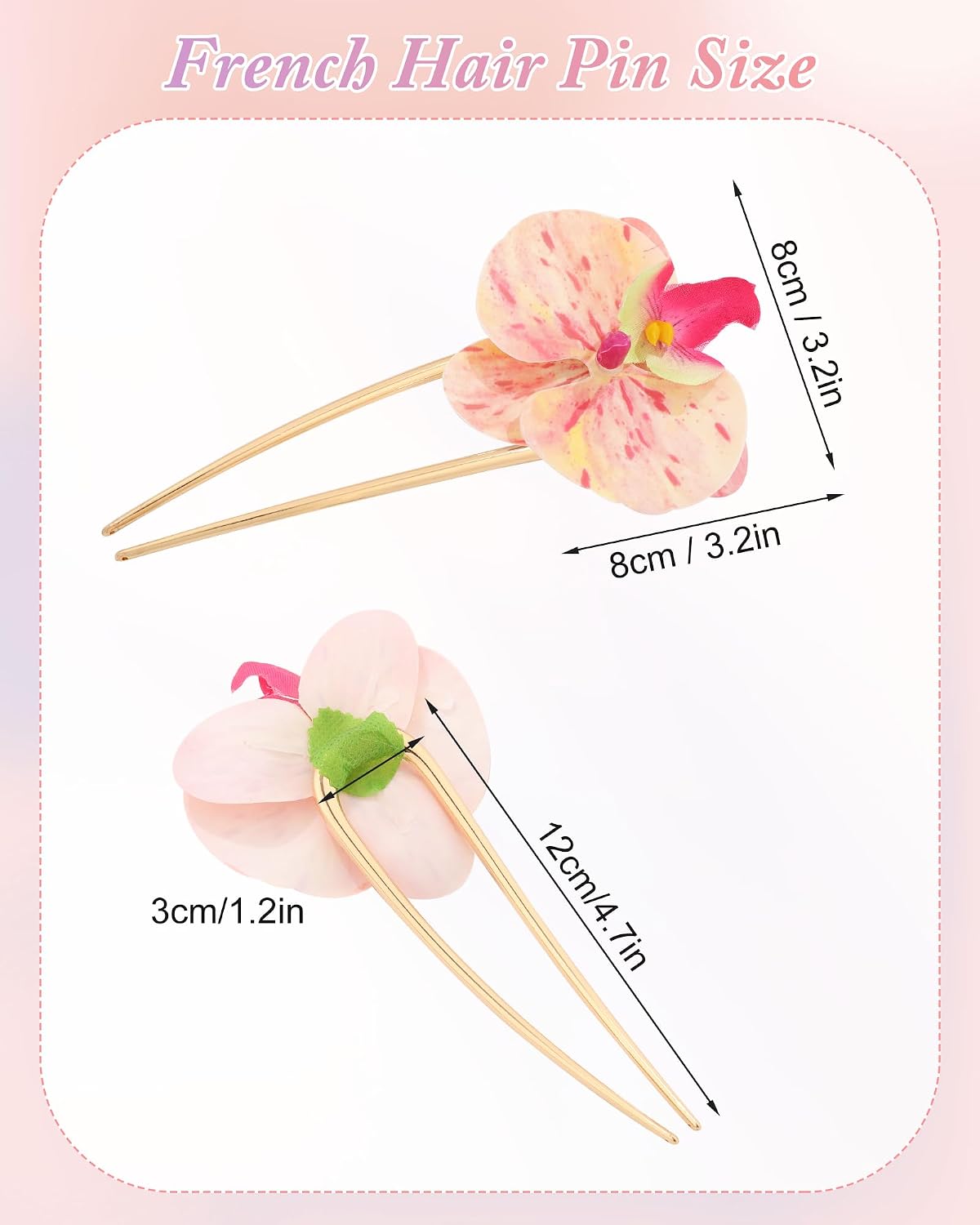 Hawaiian Orchid Flower Hair Pins - 3 Pack Metal Hair Sticks for Thick Hair Updos | Perfect for Beach Vacations