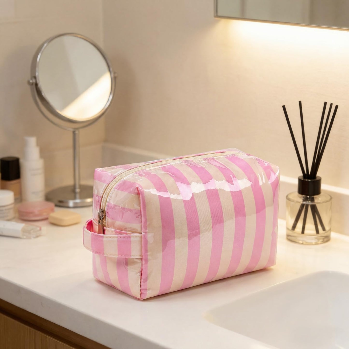 Lestikave PVC Striped Makeup Bag,Easy to Clean,Waterproof Clear Coated Cosmetic Bag,Cute Travel Organizer Zipper Pouch for Beach Vacation Essentials(01Beige Pink)