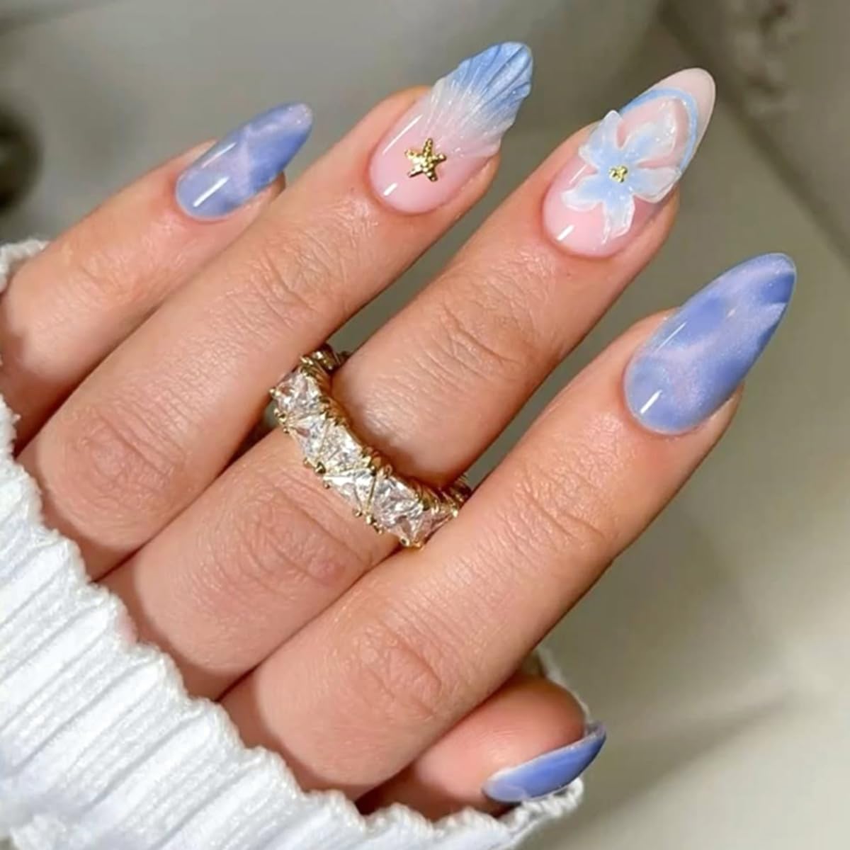 Press On Nails - Glossy Marble Medium Almond with 3D Flower & Gold Star Charms | 30 Pcs, Reusable for Ocean Beach Manicure