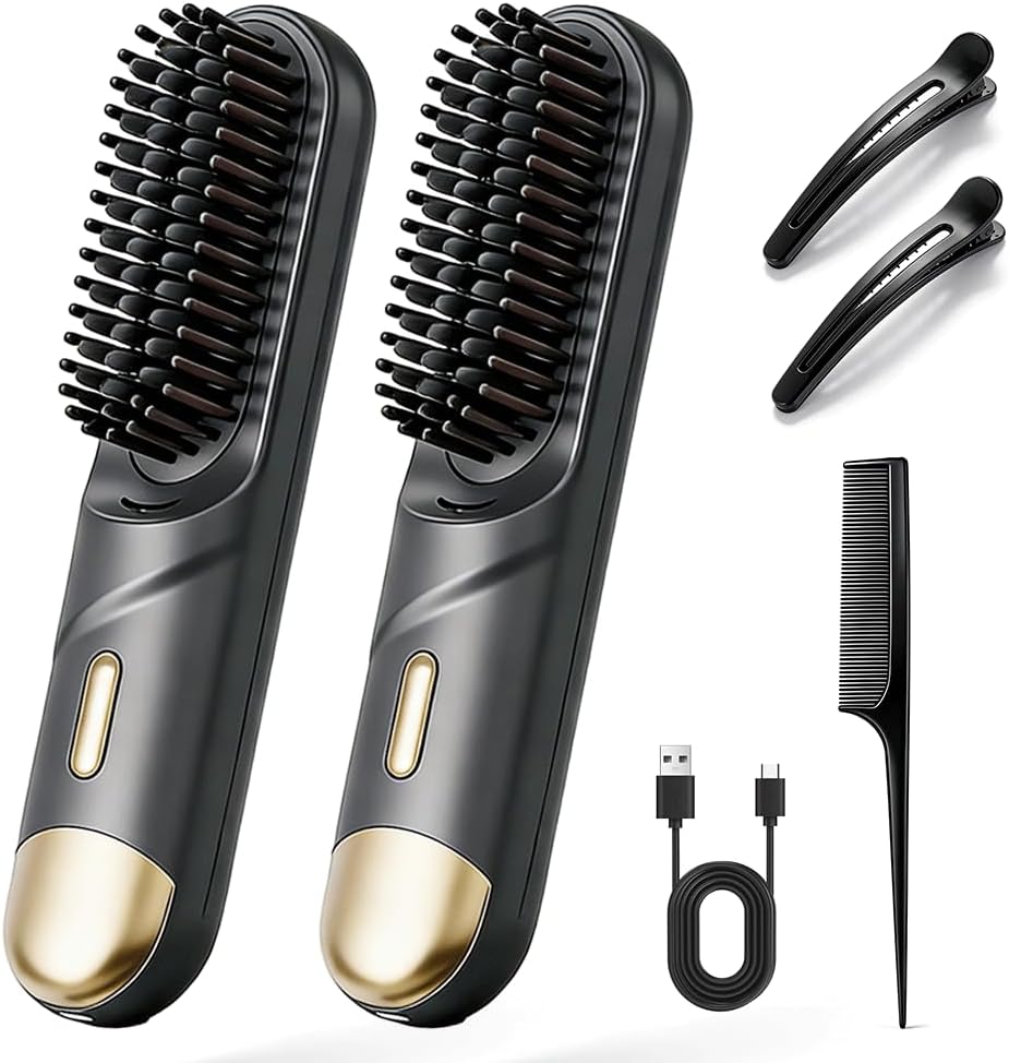 Go Brush Pro Cordless Hair Straightening Brush - Fast Heating Ceramic for Short & Long Hair | USB-C Rechargeable, Portable, Black