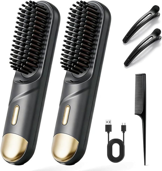Go Brush Pro Cordless Hair Straightening Brush - Fast Heating Ceramic for Short & Long Hair | USB-C Rechargeable, Portable, Black