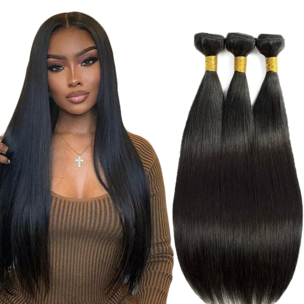 26 28 30 Inch Straight Bundles Human Hair Bundles #1B Natural Black Color Straight 3 Bundles 50g/Bundle Unprocessed Brazilian Virgin Weave Hair Extensions for Black Women