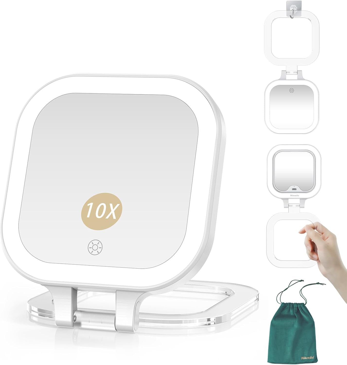 Compact Travel Makeup Mirror - 1X/10X Magnifying Lighted Mirror | Dimmable & Rechargeable for Purse (White)