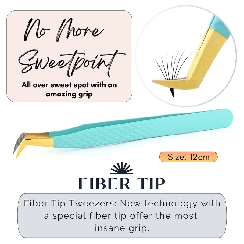 My Lash Tools Fiber Tip Lash Tweezers for Eyelash Extensions Professional Lash Tech Supplies Must Haves Volume Boot Eyelash Tweezers 12cm Stainless Steel Mink Fan Making Lashing Tweezer (Turquoise)