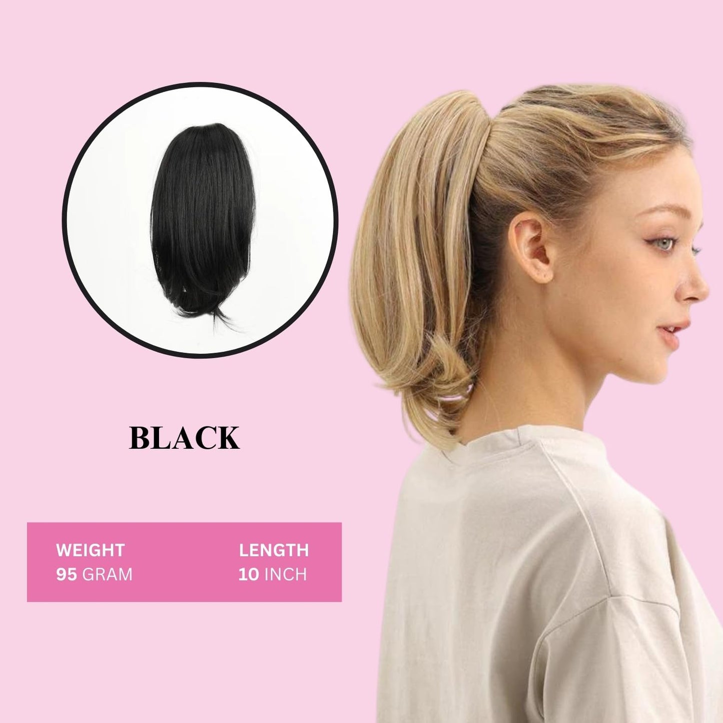 10-Inch Straight Claw Clip-In Ponytail Hair Extensions - Black | Realistic Synthetic Hair for Women & Men