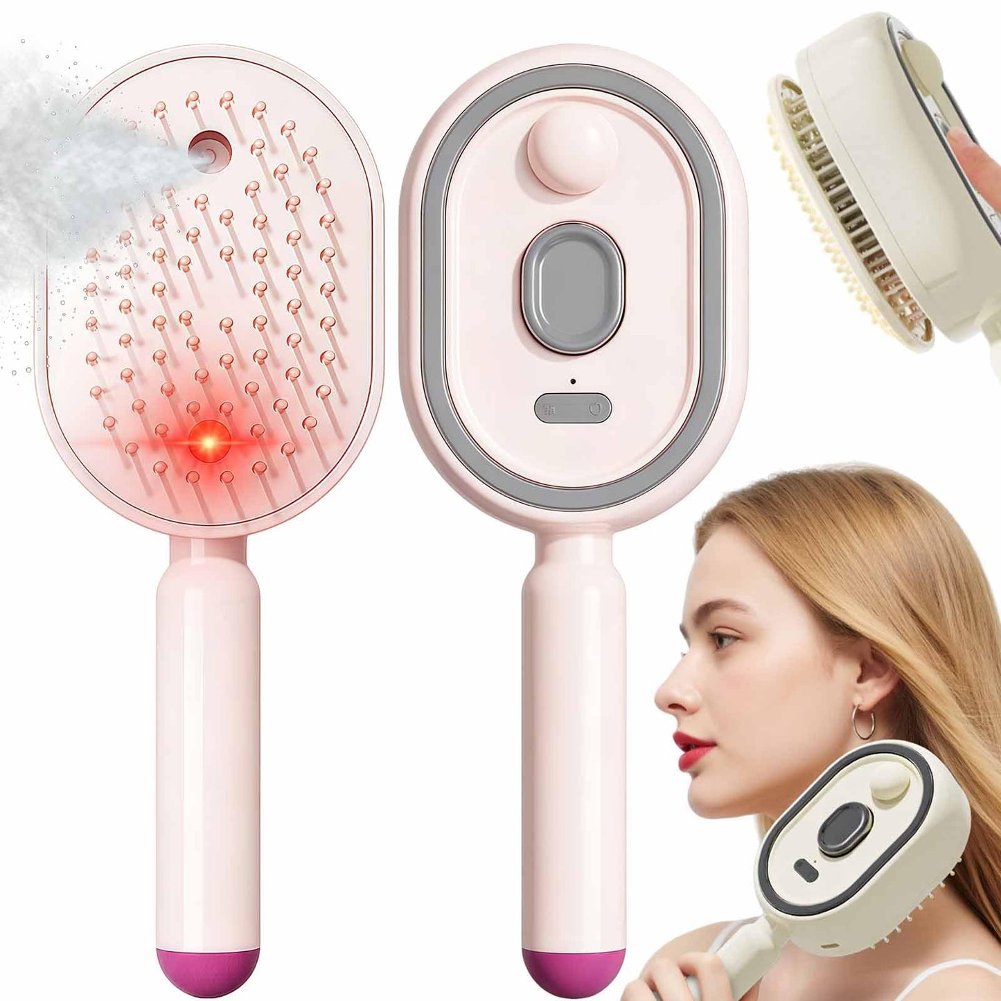 Electric Spray Air Cushion Massage Comb, 3-in-1 Rechargeable Steam Hair Brush with Water Mist, Self-Cleaning Anti-Tangle Air Cushion Comb, Anti-Frizz Hydrating Hair Brush for Dry Damaged Hair (Pink)