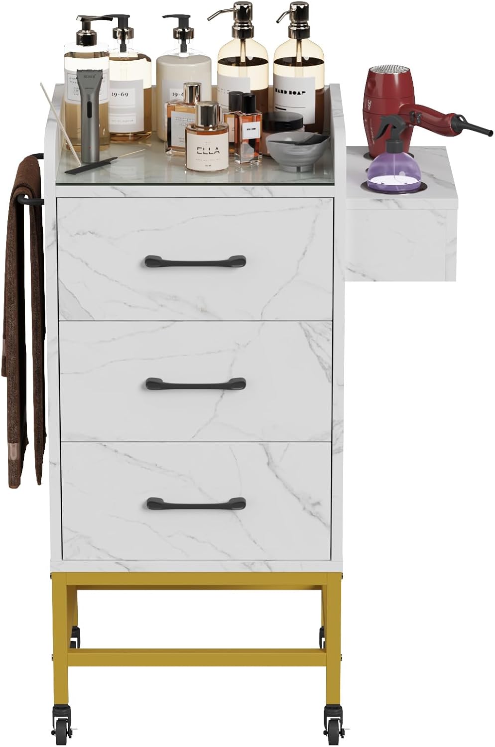 Salon Storage Trolley Cart - Rolling Barber Station with Toughened Glass Top & Lockable Wheels | White Marble Finish
