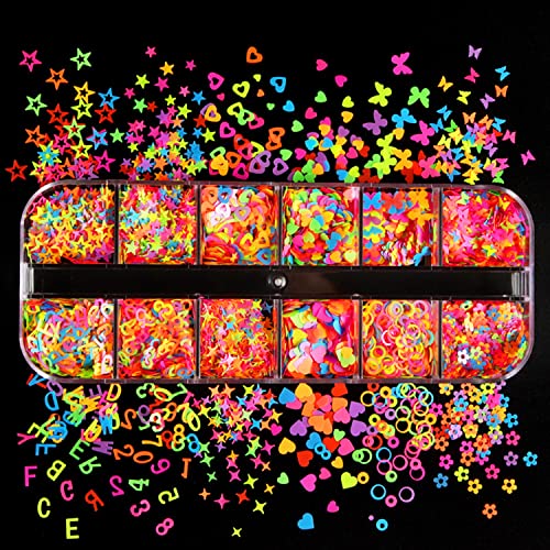 TBRZTR Fluorescent 3D Nail Sequins Kit – Mixed Design Butterfly, Heart, Star, Alphabet & More (12 Grids)
