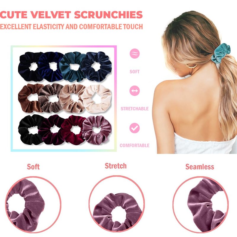 Soft Velvet Scrunchies for Hair - 12-Piece Set in Cute Colors | Elastic Ponytail Holders for Women & Teens