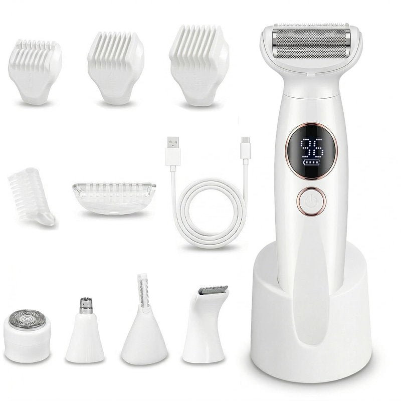 Bikini Trimmer for Women, Electric Razors for Silk Skin 5-in-1, IPX7 Waterproof, USB Rechargeable, Electric Razors for Women for Face, Eyebrows, Body, Bikini Zone with Charging Station