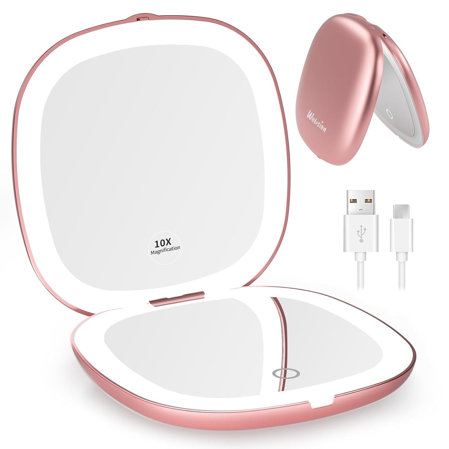 Rechargeable Lighted Travel Makeup Mirror - 1x/10x Compact Magnifying | Portable 4-Inch Rose Gold