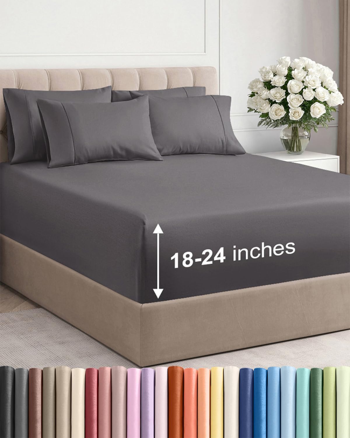 Extra Deep Queen Sheet Set - 6 Piece Cooling Breathable Bedding | Soft, Wrinkle-Free, Grey