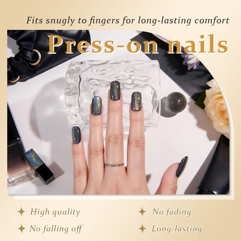 Black Chrome Metallic Cat Eye Press-On Nails - Medium Square | Iridescent Glitter Halloween Design