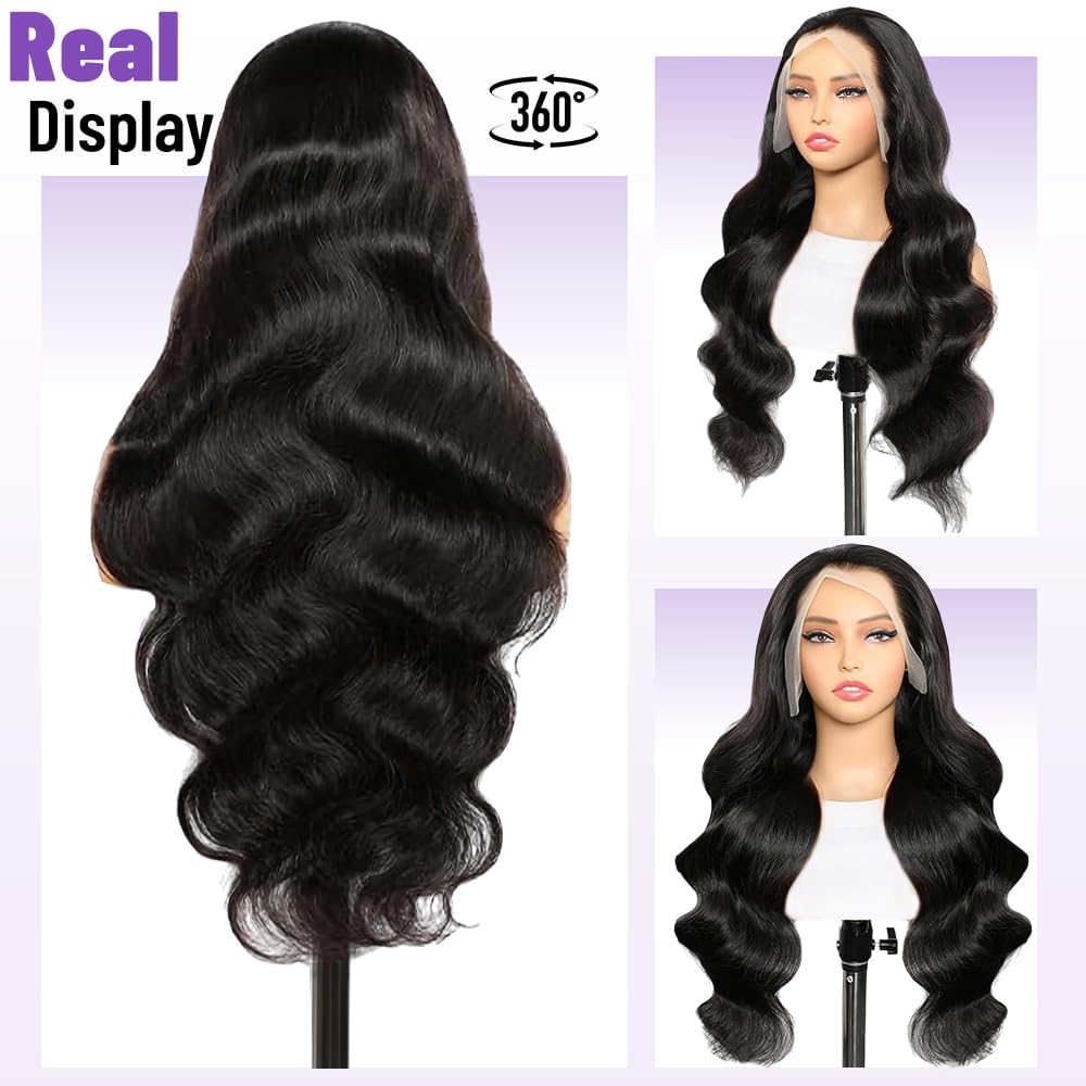 Leseater Lace Front Wigs Human Hair Pre Plucked Real Full Virgin Human Hair Wig HD Transparent Lace 200 Density Body Wave No Mixed With Synthetic Natural Black for Women Long 34 Inch