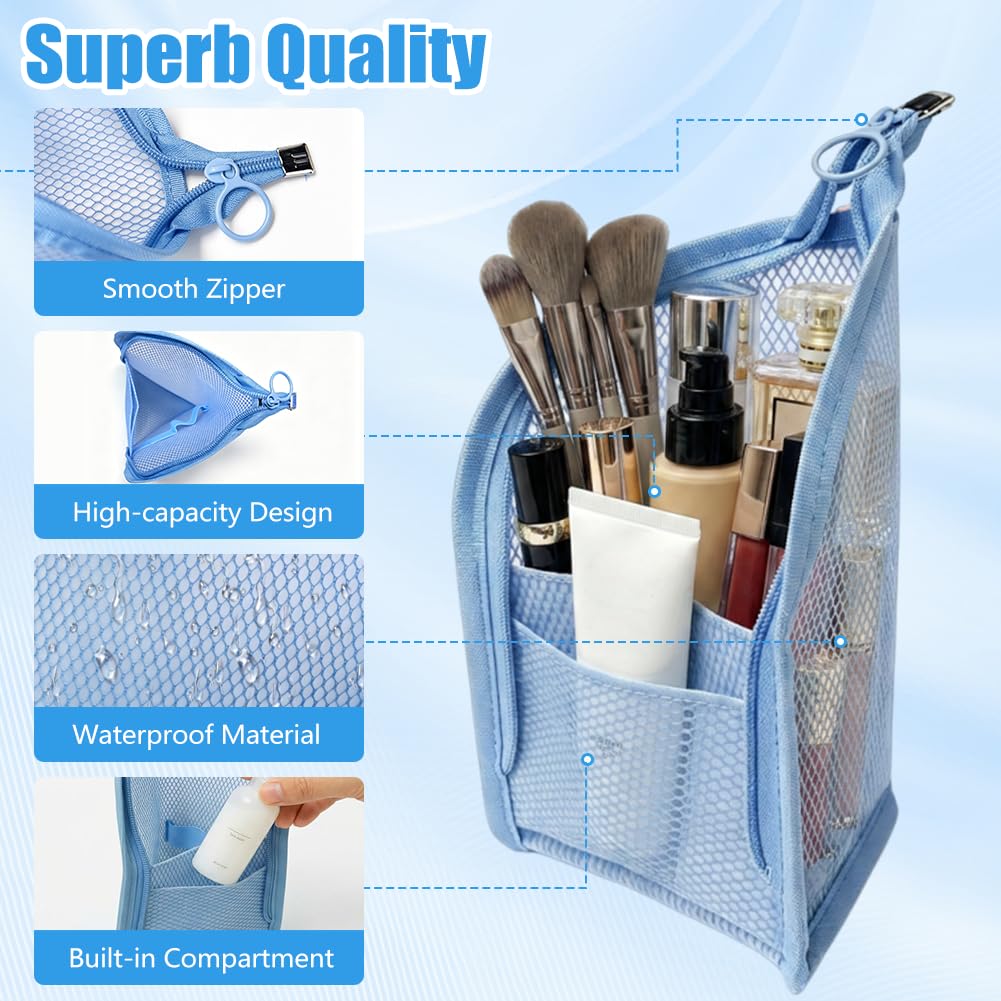 2PCS Standing Toiletry Bag, Lightweight EVA Mesh Large Capacity Waterproof Stand up Makeup Bag, Foldable Clear Hanging, Standing Travel Toiletry Pouch for Bathroom, Gym, Business Trip,Family Travel