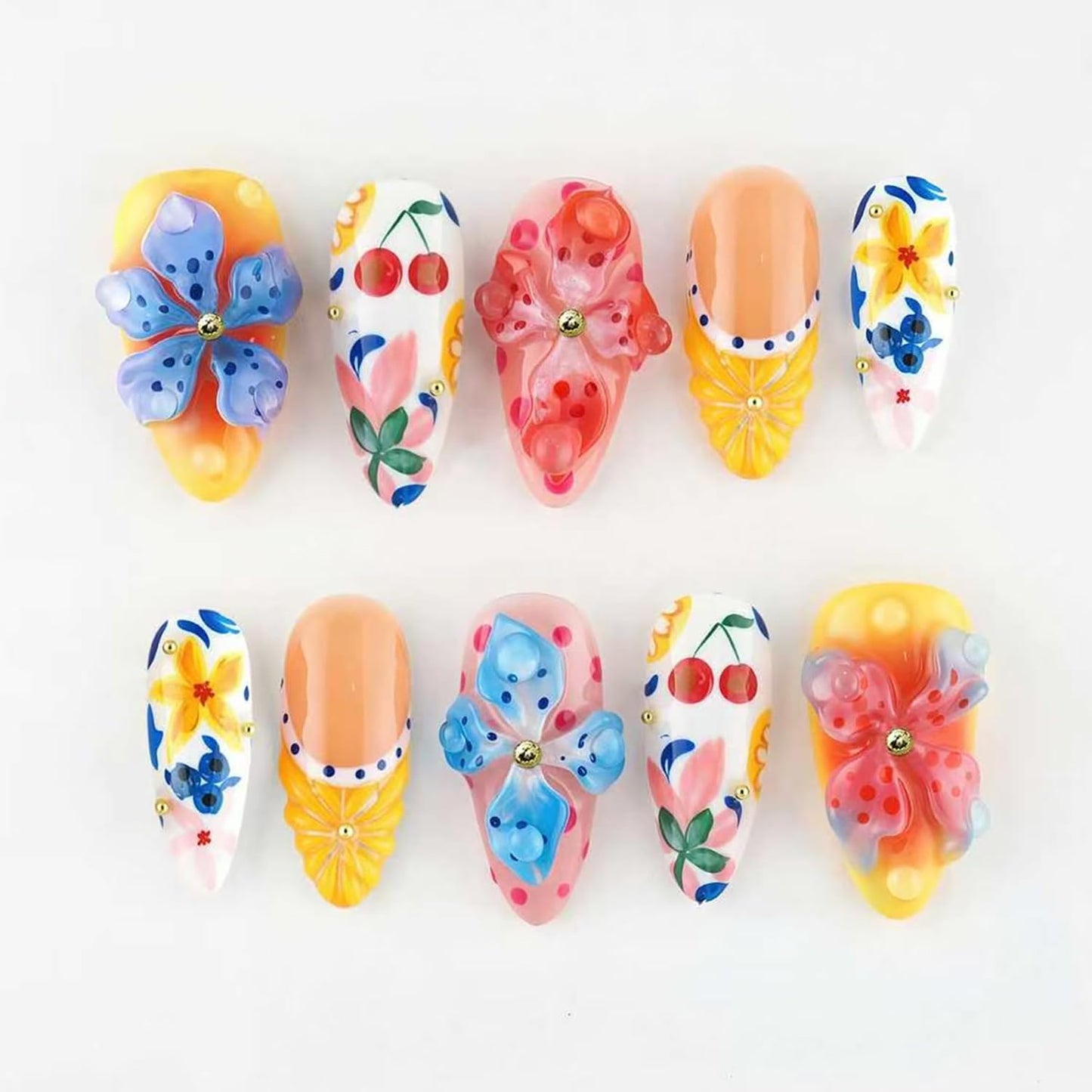 French Tip Press-On Nails - 30pcs Medium Almond Acrylic with 3D Flower & Pearl Design | Reusable Summer Nail Art