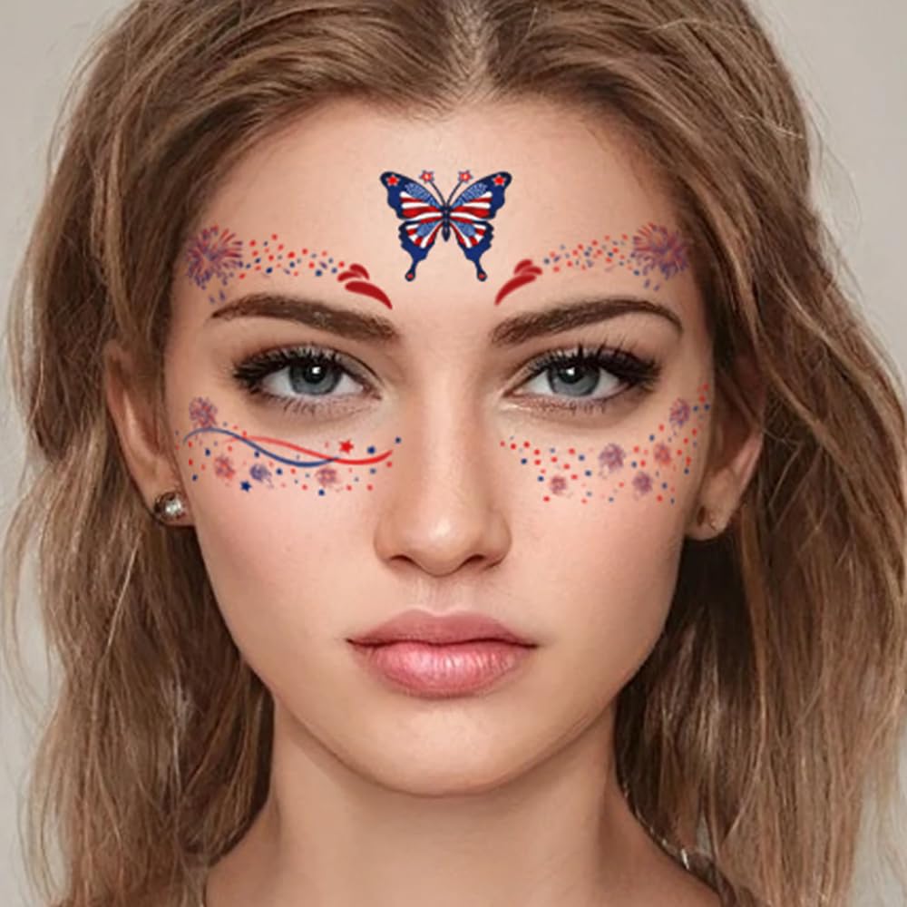 4th of July Face Tattoo Stickers for Adults, 10 Sheets Independence Day Temporary Tattoos, USA Flag Red White Blue Patriotic Party Supplies, Fake Tattoos for Face Makeup Eye Decor