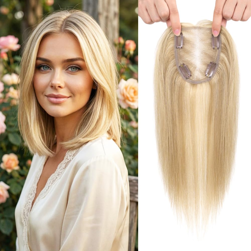 Human Hair Toppers for Women - Medium Brown with Warm Blonde Highlights | 10cm x 12cm