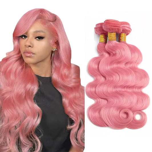 Pink Bundles Human Hair Body Wave Bundles 14 16 18 Inch Pink Body Wave Bundles Unprocessed Brazilian Virgin Hair 3 Bundle 50 Gram Per Bundle Deals Quick Weave Hair Extensions