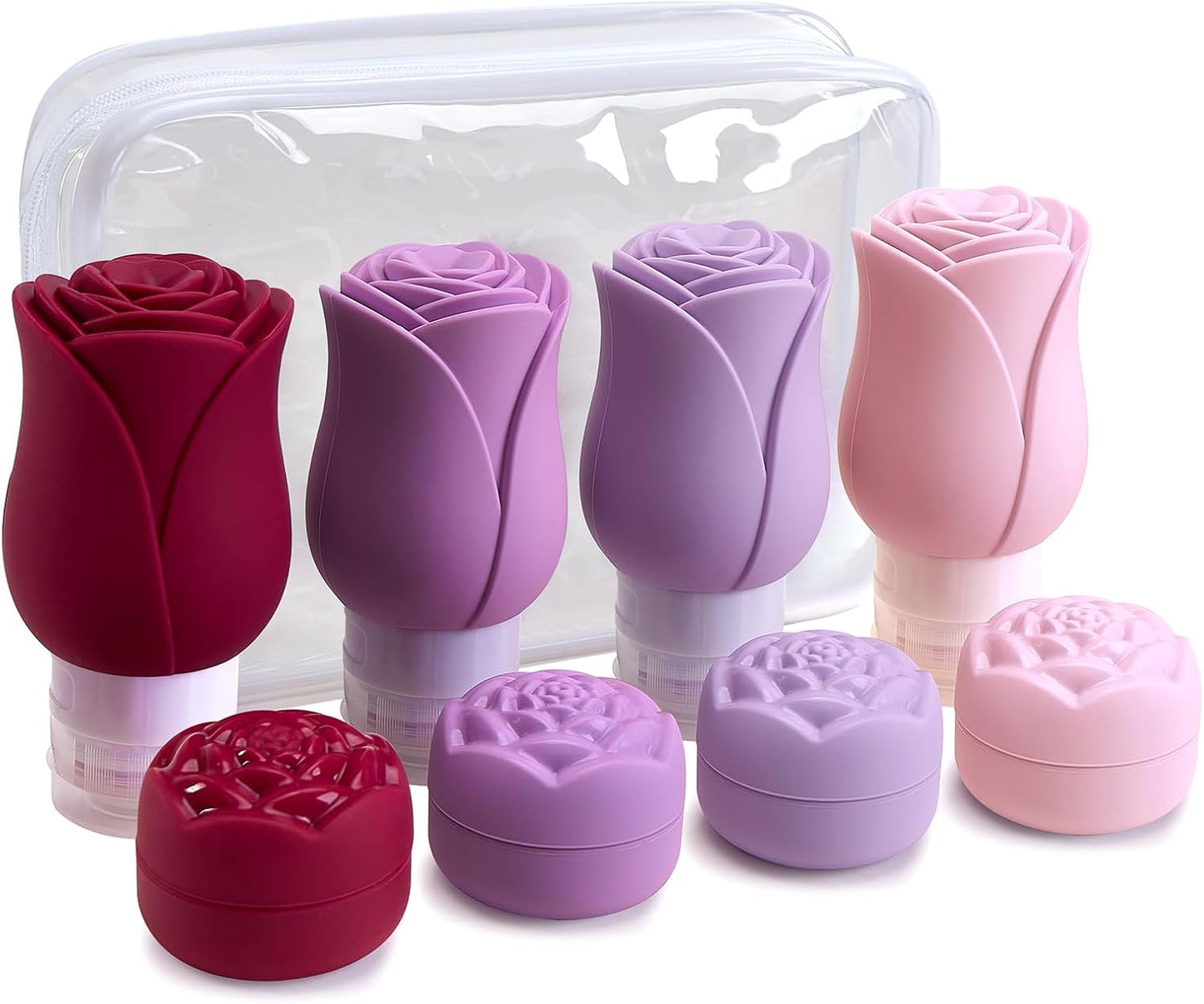 Travel Toiletry Containers - 4 Pack Leakproof 3oz Bottles & Mini Jars | BPA-Free Silicone Squeeze Tubes in Purple Rose