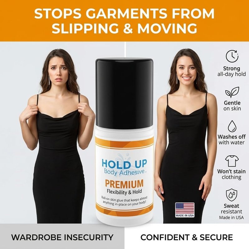 Hold Up Body Adhesive Premium – Roll On Body Glue for Dancers, Compression Socks, Thigh Highs, Costumes, Cosplay & More – Skin-Safe, Sweat-Resistant Adhesive – 2 oz – Made in The USA