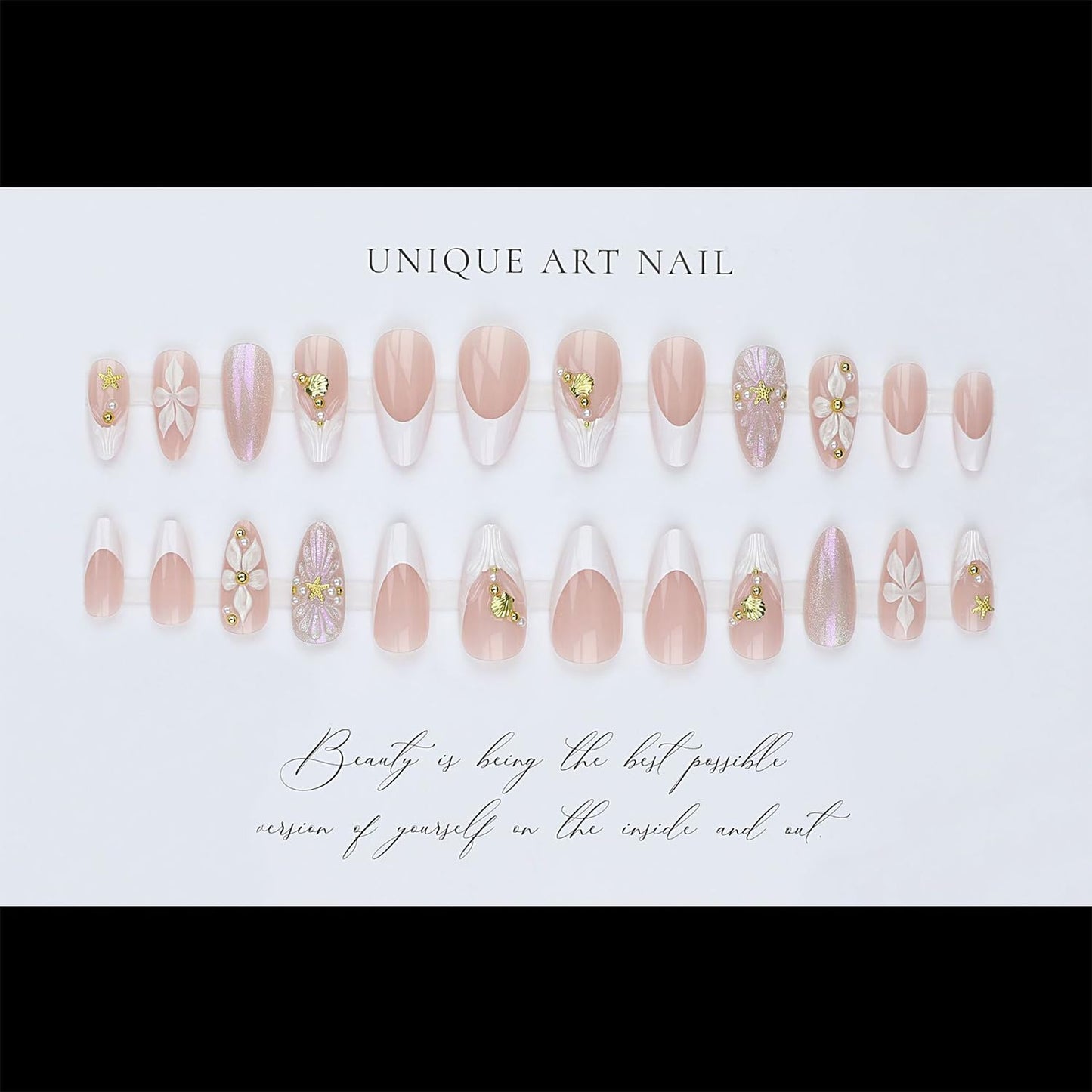 French Tip Press-On Nails - 24pcs Medium Almond with 3D Floral Gold Pearl Shell Designs | Summer Glitter Acrylic Full Cover