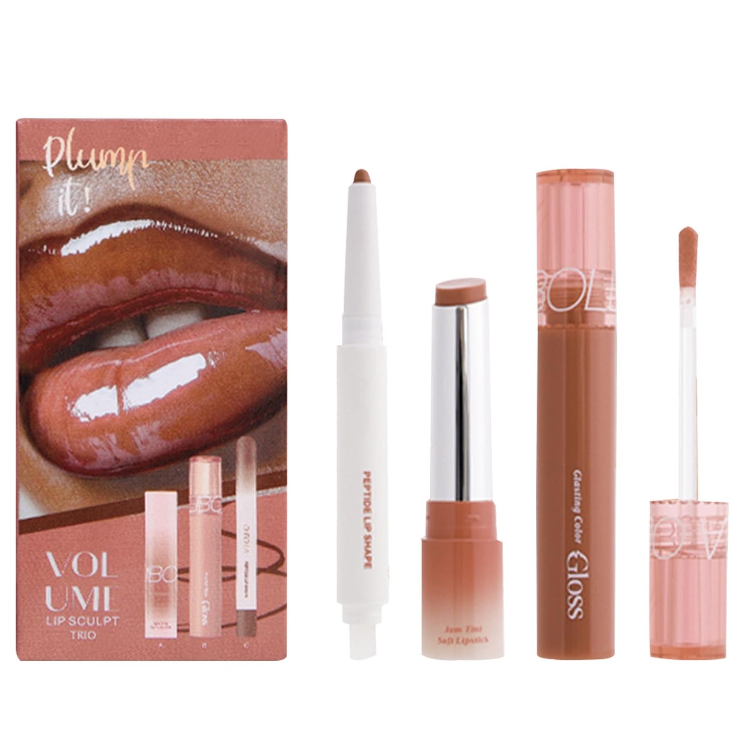 Domality 3PCS Lip Combo Set, Brown Matte Lip Liner, Plumping Tinted Lipgloss, Nourishing Lipstick Balm, Natural Glossy Finish, Lip Contour Makeup Kit for Women