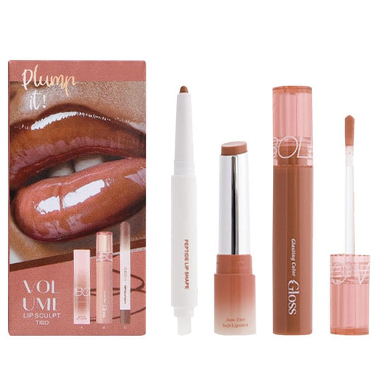 Domality 3PCS Lip Combo Set, Brown Matte Lip Liner, Plumping Tinted Lipgloss, Nourishing Lipstick Balm, Natural Glossy Finish, Lip Contour Makeup Kit for Women