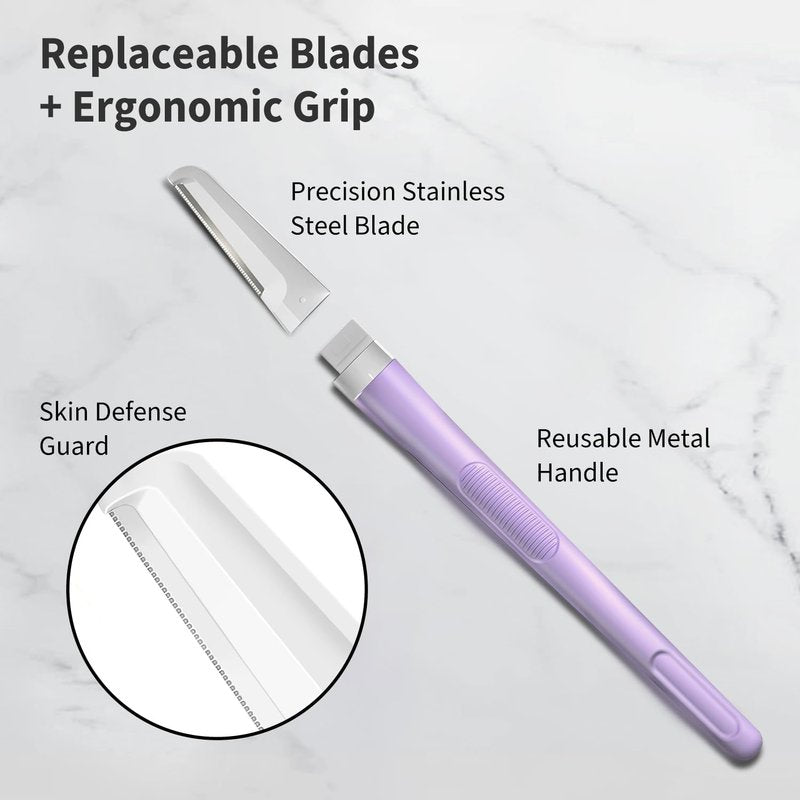 Dermaplane Razor for Women Face, Precision Face Razors for Women, Dermaplaning Tool, Gentle Exfoliation, Perfectly Shape Brows, Reusable Metal Handle with 8 Microblades, Purple