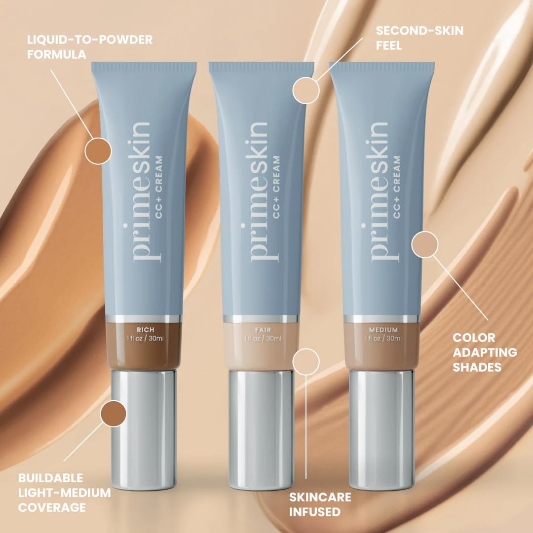 PrimeSkin CC+ Cream for Mature Women - Lightweight Liquid-to-Powder Foundation | Blurs Pores & Covers Age Spots - Hydrating Soft-Matte Finish (Fair)
